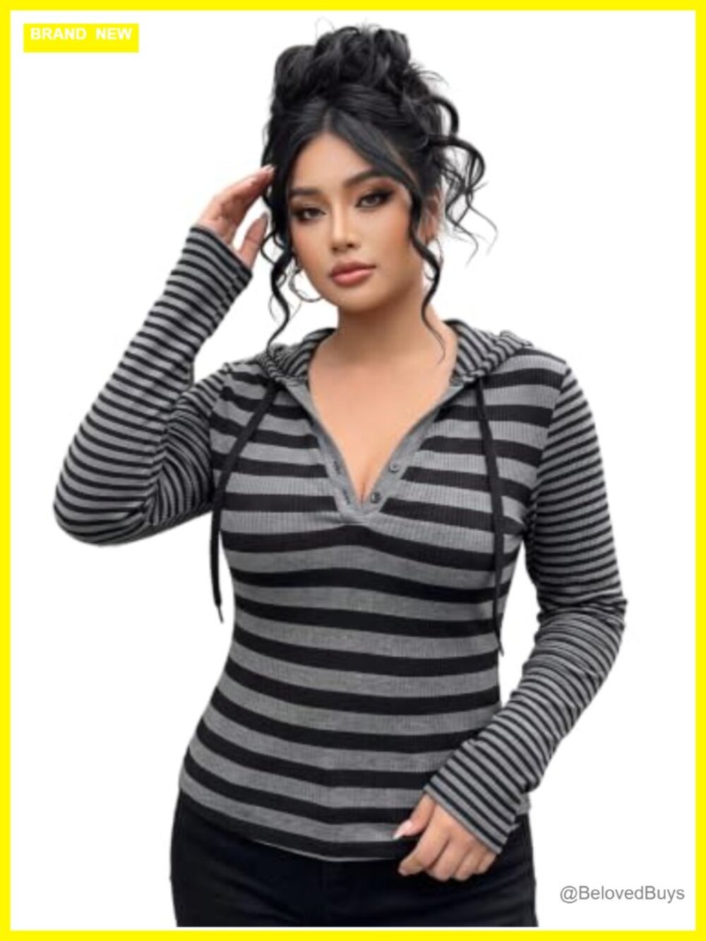 Plus Size Striped Hooded Y2K Grunge Drawstring Long Sleeve Top